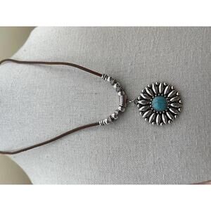Southwest Silver and Turquoise Sunburst Pendant Necklace on Brown Cord